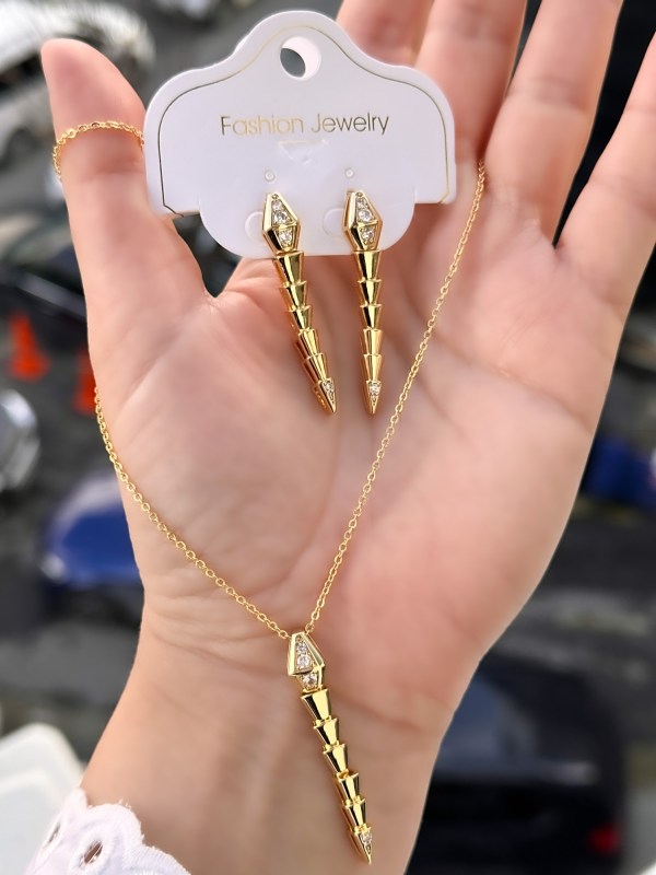 Sarı Çelik Kadın Küpe ve Kolye Set FRJW10007A-B 2 Yıl Garantili Hediye Paketli